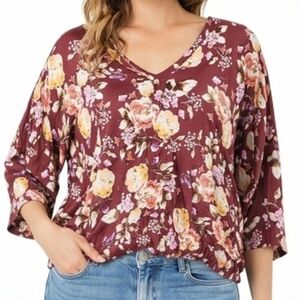 Buckle Daytrip Floral Dolman Top XL Burgundy V-Neck Boho USA Made